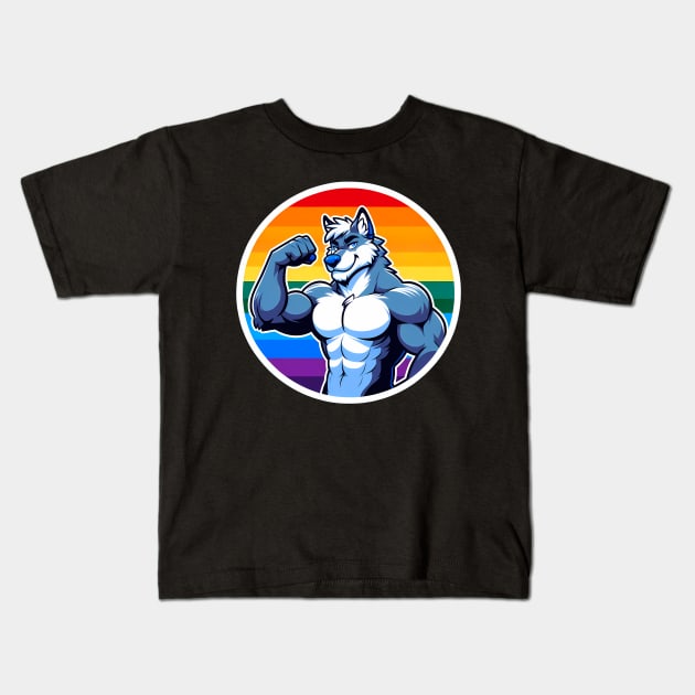 LGBTQ Flexing Pride Wolf Art Kids T-Shirt by Blue Bull Bazaar